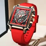 LIGE 8935 Exclusive Square Dial Analog Hollow Luxury Men's Watch – Dial Color: Red, Strap Color: Red – Thumbnail 2