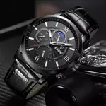 LIGE 8932 Premium Moon Phase Leather Strap Luxury Men's Watch – Dial Color: Black, Strap Color: Black – Thumbnail 3