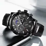 LIGE 8932 Premium Moon Phase Leather Strap Luxury Men's Watch – Dial Color: Black, Strap Color: Black – Thumbnail 4