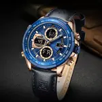 Naviforce NF9197L Comfortable Genuine Leather Strap Dual Display Sport Men's Watch – Dial Color: Gold, Strap Color: Blue – Thumbnail 4