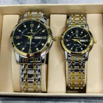 Poedagar 936 Couple Watch - Black Silver With Premium Box – Dial Color: Black, Strap Color: Silver – Thumbnail 3