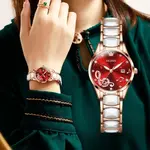 Olevs 3605 Luxury Quartz Rhinestone Ceramics Strap Wristwatch – Dial Color: Red, Strap Color: White – Thumbnail 4