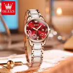 Olevs 3605 Luxury Quartz Rhinestone Ceramics Strap Wristwatch – Dial Color: Red, Strap Color: White – Thumbnail 3