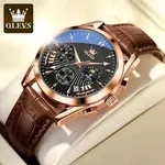 OLEVS 2876 Luxury Leather Strap Chronograph Analog Quartz Wristwatch for Men – Dial Color: Black, Strap Color:  Brown  – Thumbnail 2