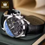 OLEVS 2876 Luxury Leather Strap Chronograph Analog Quartz Wristwatch for Men – Dial Color: Black, Strap Color: Black – Thumbnail 4