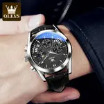OLEVS 2876 Luxury Leather Strap Chronograph Analog Quartz Wristwatch for Men – Dial Color: Black, Strap Color: Black – Thumbnail 2