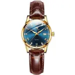 OLEVS 6896 Business Leather Strap Diamond Studded Gold Dial Waterproof Analog Wristwatch  – Dial Color: Blue Gold, Strap Color:  Brown  – Thumbnail 2