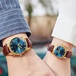 OLEVS 6896 Business Leather Strap Diamond Studded Gold Dial Waterproof Analog Wristwatch  – Dial Color: Blue Gold, Strap Color:  Brown  – Thumbnail 3