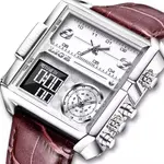 LIGE 8925 Premium Square Dual Time Leather Strap Luxury Men's Watch – Dial Color: White, Strap Color: Rose – Thumbnail 2