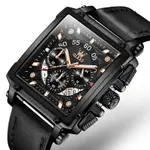 OLEVS 9919 Elite Sports Leather Strap Square Dial Chronograph Men's Analog Watch  – Dial Color: Black, Strap Color: Black – Thumbnail 1