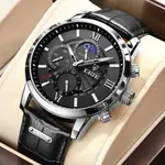LIGE 8932 Premium Moon Phase Leather Strap Luxury Men's Watch – Dial Color: Silver, Strap Color: Black – Thumbnail 2