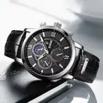 LIGE 8932 Premium Moon Phase Leather Strap Luxury Men's Watch – Dial Color: Silver, Strap Color: Black – Thumbnail 3