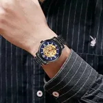 SKMEI 9222 Skeleton Hollow Automatic Mechanical Men's Watch – Dial Color: Blue, Strap Color: Black – Thumbnail 4
