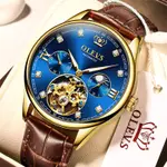 OLEVS 3601 Business Tourbillon Hollow Skeleton Waterproof Luminous Men's Watch – Dial Color: Blue, Strap Color:  Brown  – Thumbnail 2