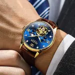 OLEVS 3601 Business Tourbillon Hollow Skeleton Waterproof Luminous Men's Watch – Dial Color: Blue, Strap Color:  Brown  – Thumbnail 3
