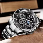 LIGE 8924 Analog Moon Phase High Quality Stainless Steel Men's Watch – Dial Color: Black, Strap Color: Silver – Thumbnail 4