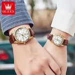 OLEVS 6896 Business Leather Strap Diamond Studded Gold Dial Waterproof Analog Wristwatch  – Dial Color: White, Strap Color:  Brown  – Thumbnail 3