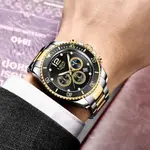 LIGE 8924 Analog Moon Phase High Quality Stainless Steel Men's Watch – Dial Color: Black, Strap Color: Gold – Thumbnail 3