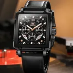 OLEVS 9919 Elite Sports Leather Strap Square Dial Chronograph Men's Analog Watch  – Dial Color: Black, Strap Color: Black – Thumbnail 4