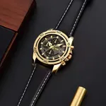 Skmei 9156 Fashion Leather Luxury Military Quartz Men's Watch  – Dial Color: Gold, Strap Color: Black – Thumbnail 4