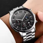 LIGE 9877 Stainless Steel Moon Phase Analog Luxury Men's Watch – Dial Color: Black, Strap Color: Silver – Thumbnail 3