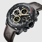 Naviforce NF9197L Comfortable Genuine Leather Strap Dual Display Sport Men's Watch – Dial Color: Black, Strap Color:  Brown  – Thumbnail 3