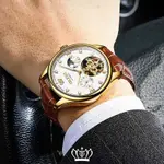 OLEVS 3601 Business Tourbillon Hollow Skeleton Waterproof Luminous Men's Watch – Dial Color: White, Strap Color:  Brown  – Thumbnail 2