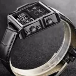 LIGE 8925 Premium Square Dual Time Leather Strap Luxury Men's Watch – Dial Color: Black, Strap Color: Black – Thumbnail 2