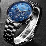 LIGE 9877 Stainless Steel Moon Phase Analog Luxury Men's Watch – Dial Color: Blue, Strap Color: Black – Thumbnail 2