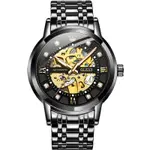 Olevs 9901 Diamond Hour Marker Stainless Steel Hollow Mechanical Men's Watch – Dial Color: Black Gold, Strap Color: Black – Thumbnail 3