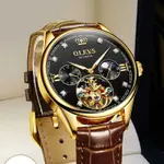 OLEVS 3601 Business Tourbillon Hollow Skeleton Waterproof Luminous Men's Watch – Dial Color: Black, Strap Color:  Brown  – Thumbnail 7