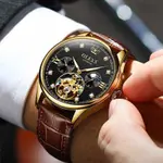 OLEVS 3601 Business Tourbillon Hollow Skeleton Waterproof Luminous Men's Watch – Dial Color: Black, Strap Color:  Brown  – Thumbnail 4