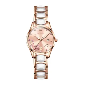 Olevs 3605 Luxury Quartz Rhinestone Ceramics Strap Wristwatch