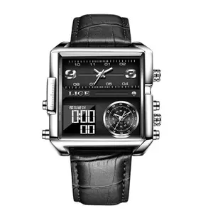 LIGE 8925 Premium Square Dual Time Leather Strap Luxury Men's Watch - Variant 4
