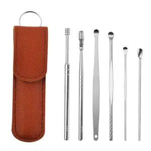 6pcs Ear Cleaning & Pick Set Portable Stainless Steel Set With Lather Case - Variant 1