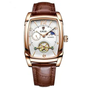 LIGE 8949 Exclusive Mechanical Leather Strap Moon Phase Casual Men's Watch - Variant 3