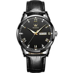 OLEVS 6896 Business Leather Strap Diamond Studded Gold Dial Waterproof Analog Wristwatch  - Variant 2