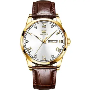 OLEVS 6896 Business Leather Strap Diamond Studded Gold Dial Waterproof Analog Wristwatch 