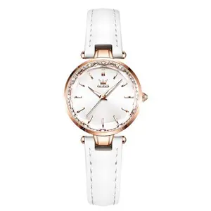 Olevs 6645 Diamond Studded Rose Gold Dial Leather Strap Waterproof Quartz Analog Women's Watch - Variant 2