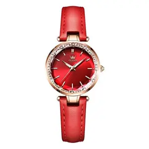 Olevs 6645 Diamond Studded Rose Gold Dial Leather Strap Waterproof Quartz Analog Women's Watch - Variant 3