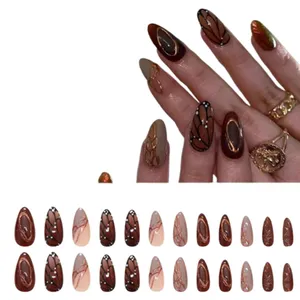 24Pcs Brown Butterfly Wing DIY Art Design False Wearable Artificial Nails with Glue 