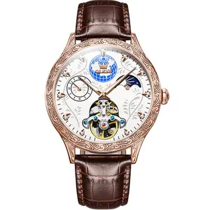 OLEVS 6660 Vintage Mechanical Movement Leather Strap Men's Wristwatch 