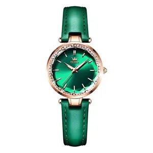 Olevs 6645 Diamond Studded Rose Gold Dial Leather Strap Waterproof Quartz Analog Women's Watch - Variant 4