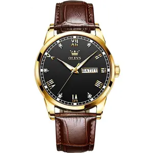OLEVS 6896 Business Leather Strap Diamond Studded Gold Dial Waterproof Analog Wristwatch  - Variant 3