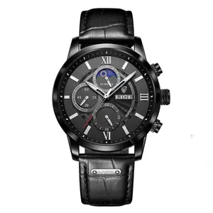 LIGE 8932 Premium Moon Phase Leather Strap Luxury Men's Watch