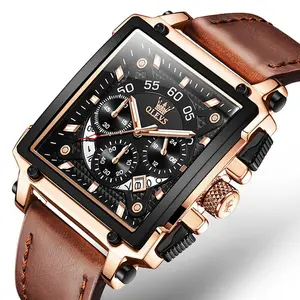 OLEVS 9919 Elite Sports Leather Strap Square Dial Chronograph Men's Analog Watch 