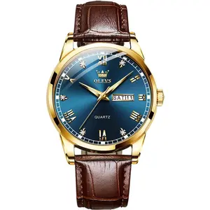 OLEVS 6896 Business Leather Strap Diamond Studded Gold Dial Waterproof Analog Wristwatch  - Variant 1