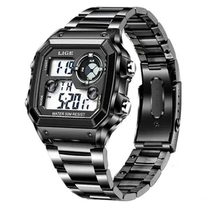 LIGE 8921 Digital Stainless Steel Waterproof Military Men's Watch
