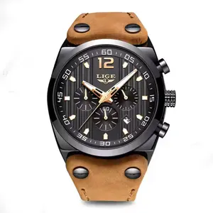 LIGE 9890 Analog High Quality Leather Quartz Chronograph Casual Men's Watch
