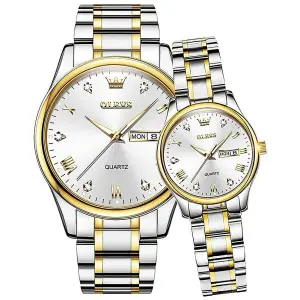 Olevs 5563 Diamond Studded Stainless Steel Waterproof Quartz Analog Watch for Couples